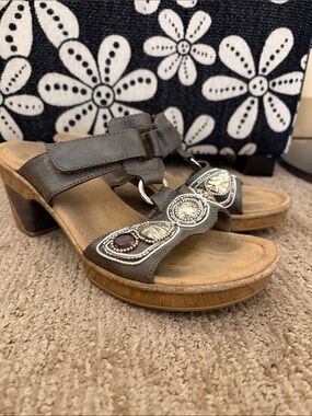 Rieker Pewter Grey Jewel Embellished Comfort Heeled Sandals Mules Sz 40 Morocco